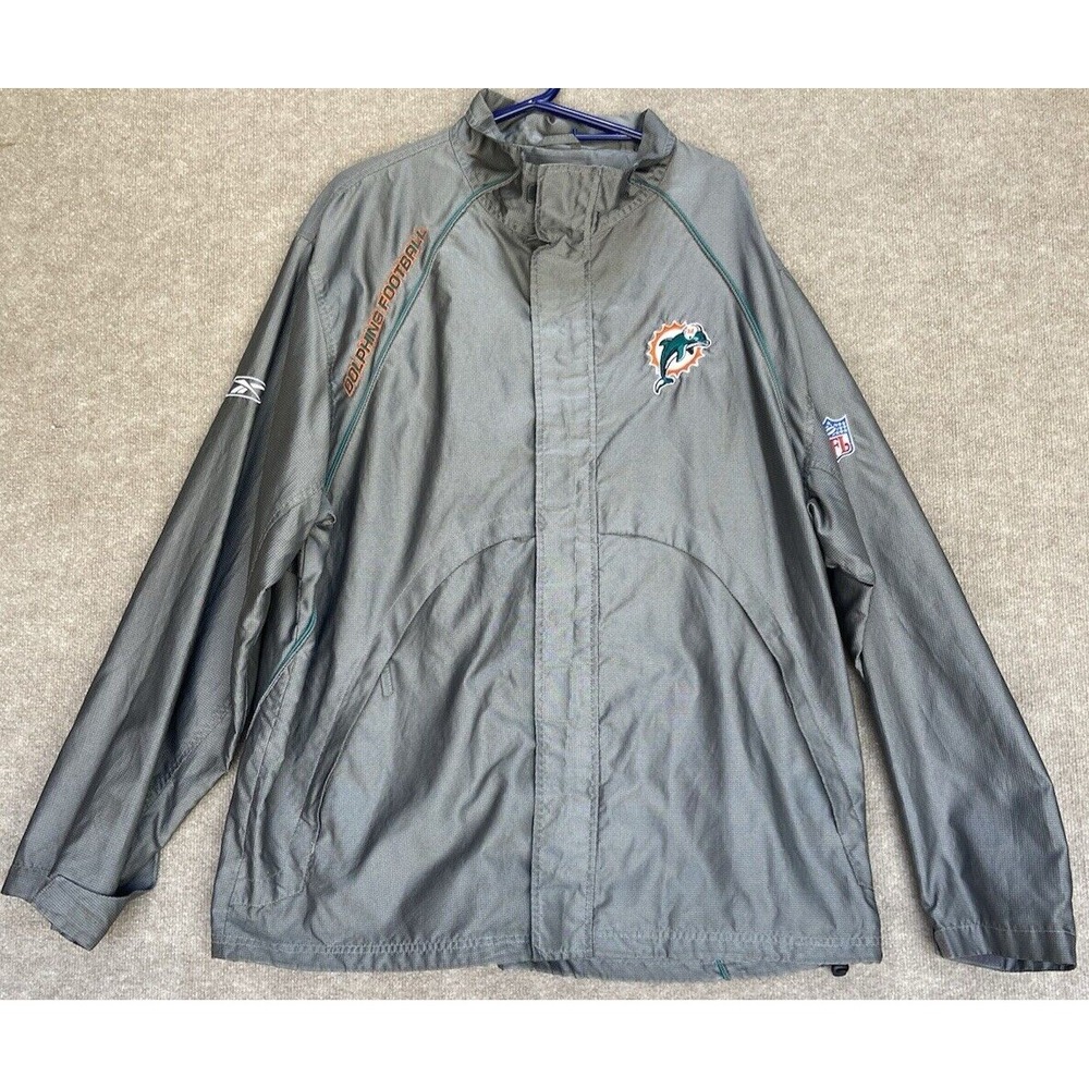 Miami Dolphins Jacket Mens XL Silver Gray Full Zip Reebok Team Apparel On Field